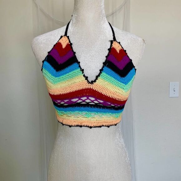 handmade crochet cami top bikini top orange blue yellow xs s m l - Picture 1 of 4